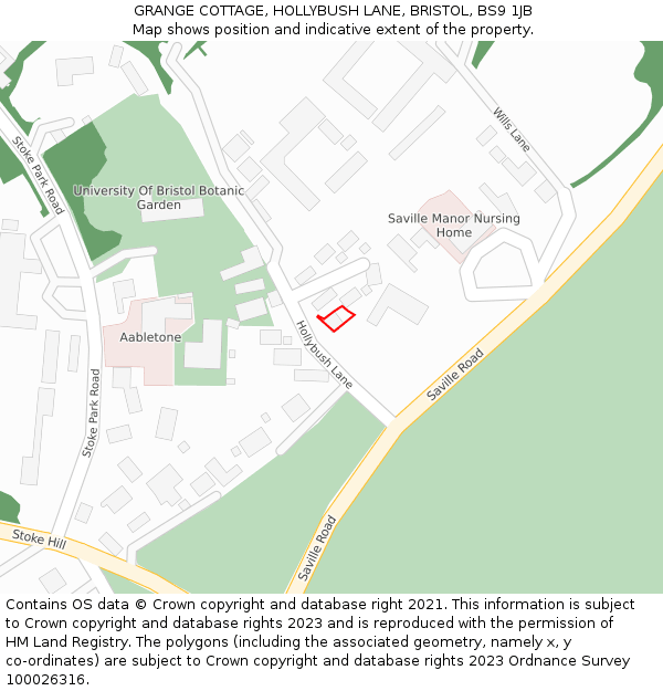 GRANGE COTTAGE, HOLLYBUSH LANE, BRISTOL, BS9 1JB: Location map and indicative extent of plot