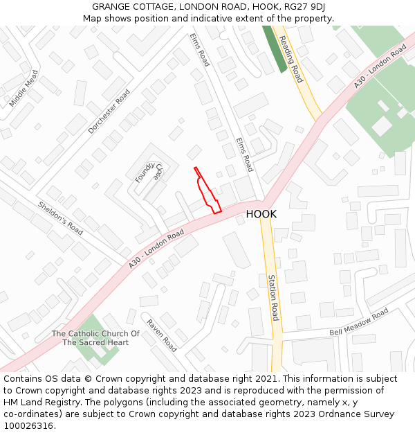 GRANGE COTTAGE, LONDON ROAD, HOOK, RG27 9DJ: Location map and indicative extent of plot