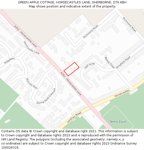 GREEN APPLE COTTAGE, HORSECASTLES LANE, SHERBORNE, DT9 6BH: Location map and indicative extent of plot