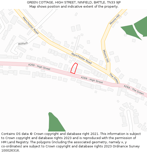GREEN COTTAGE, HIGH STREET, NINFIELD, BATTLE, TN33 9JP: Location map and indicative extent of plot