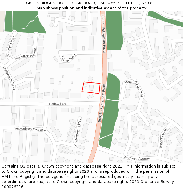 GREEN RIDGES, ROTHERHAM ROAD, HALFWAY, SHEFFIELD, S20 8GL: Location map and indicative extent of plot