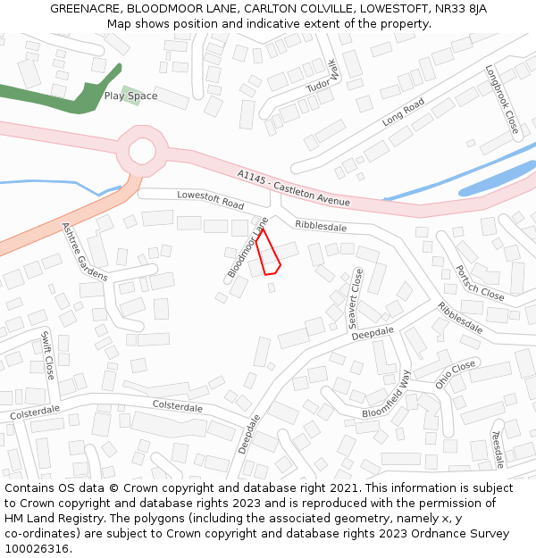 GREENACRE, BLOODMOOR LANE, CARLTON COLVILLE, LOWESTOFT, NR33 8JA: Location map and indicative extent of plot