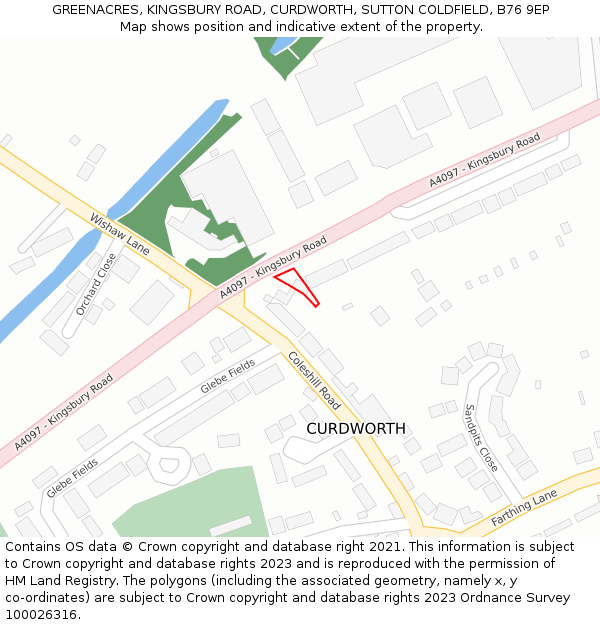 GREENACRES, KINGSBURY ROAD, CURDWORTH, SUTTON COLDFIELD, B76 9EP: Location map and indicative extent of plot