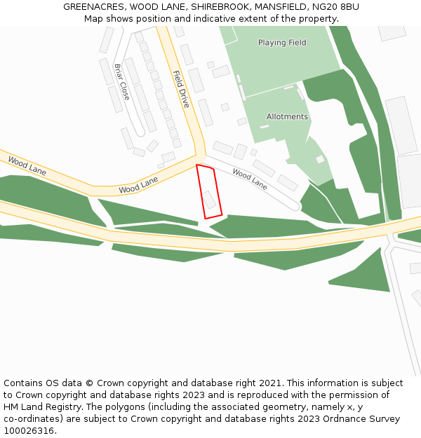 GREENACRES, WOOD LANE, SHIREBROOK, MANSFIELD, NG20 8BU: Location map and indicative extent of plot