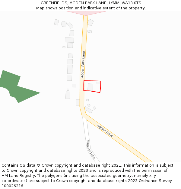 GREENFIELDS, AGDEN PARK LANE, LYMM, WA13 0TS: Location map and indicative extent of plot