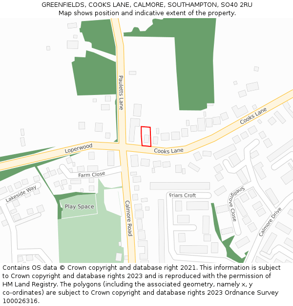 GREENFIELDS, COOKS LANE, CALMORE, SOUTHAMPTON, SO40 2RU: Location map and indicative extent of plot