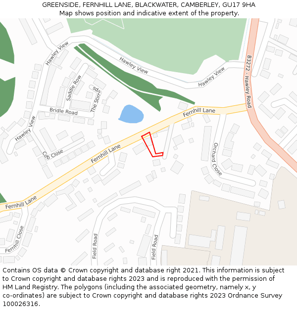GREENSIDE, FERNHILL LANE, BLACKWATER, CAMBERLEY, GU17 9HA: Location map and indicative extent of plot