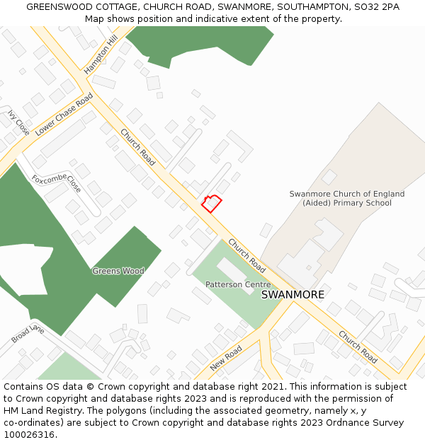 GREENSWOOD COTTAGE, CHURCH ROAD, SWANMORE, SOUTHAMPTON, SO32 2PA: Location map and indicative extent of plot