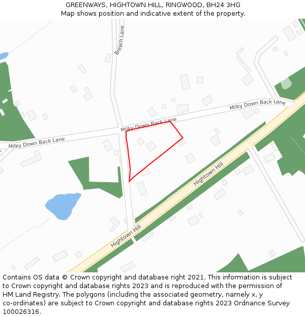 GREENWAYS, HIGHTOWN HILL, RINGWOOD, BH24 3HG: Location map and indicative extent of plot