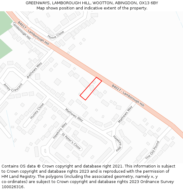 GREENWAYS, LAMBOROUGH HILL, WOOTTON, ABINGDON, OX13 6BY: Location map and indicative extent of plot