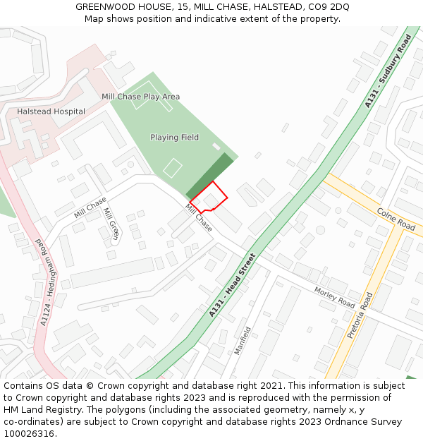 GREENWOOD HOUSE, 15, MILL CHASE, HALSTEAD, CO9 2DQ: Location map and indicative extent of plot