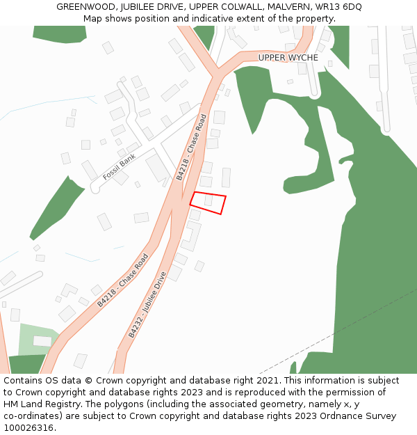 GREENWOOD, JUBILEE DRIVE, UPPER COLWALL, MALVERN, WR13 6DQ: Location map and indicative extent of plot