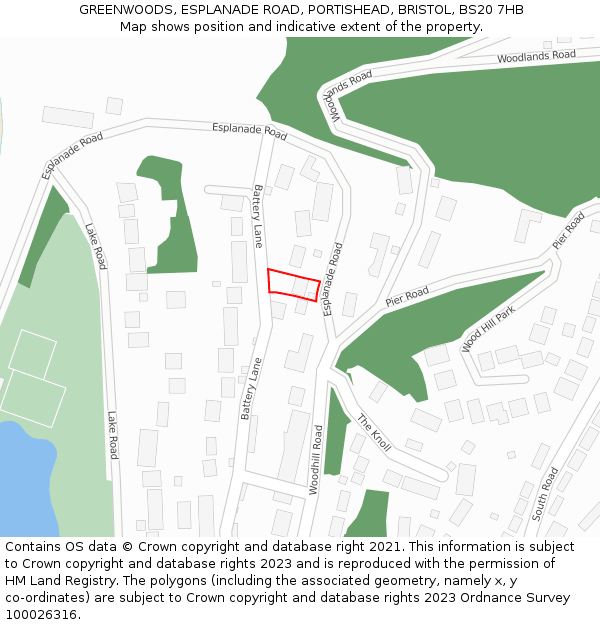 GREENWOODS, ESPLANADE ROAD, PORTISHEAD, BRISTOL, BS20 7HB: Location map and indicative extent of plot