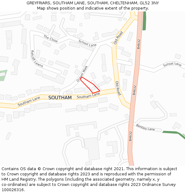 GREYFRIARS, SOUTHAM LANE, SOUTHAM, CHELTENHAM, GL52 3NY: Location map and indicative extent of plot