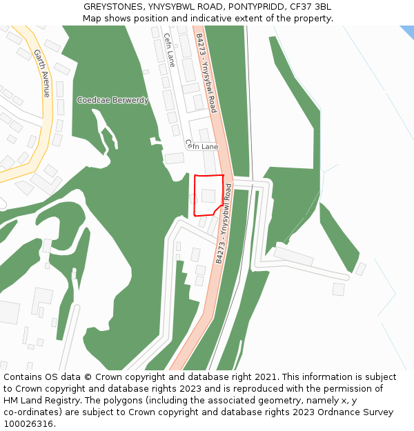 GREYSTONES, YNYSYBWL ROAD, PONTYPRIDD, CF37 3BL: Location map and indicative extent of plot
