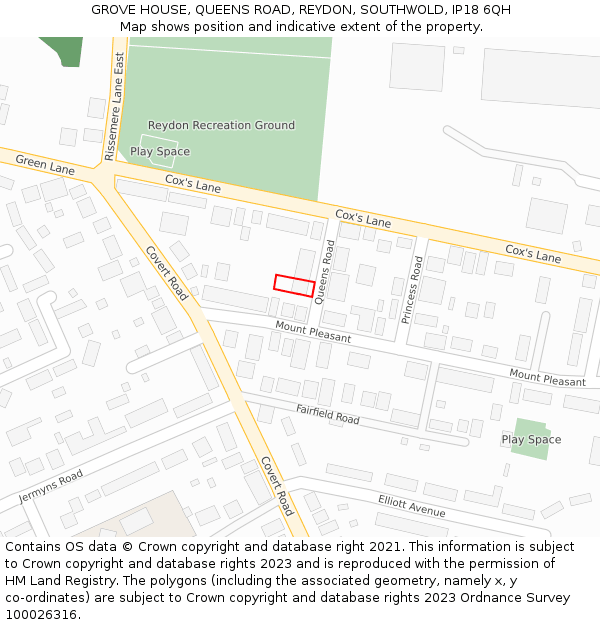 GROVE HOUSE, QUEENS ROAD, REYDON, SOUTHWOLD, IP18 6QH: Location map and indicative extent of plot