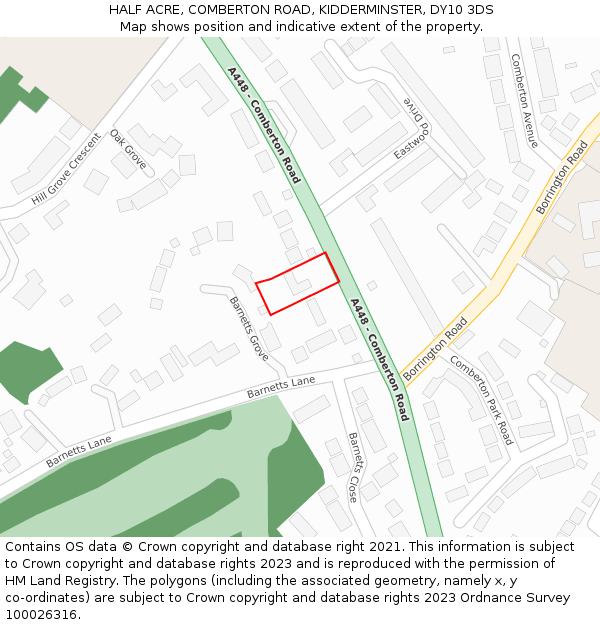 HALF ACRE, COMBERTON ROAD, KIDDERMINSTER, DY10 3DS: Location map and indicative extent of plot