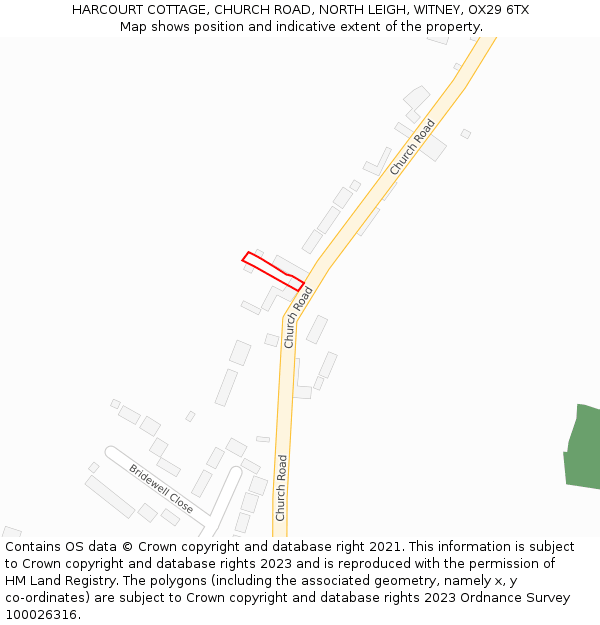 HARCOURT COTTAGE, CHURCH ROAD, NORTH LEIGH, WITNEY, OX29 6TX: Location map and indicative extent of plot