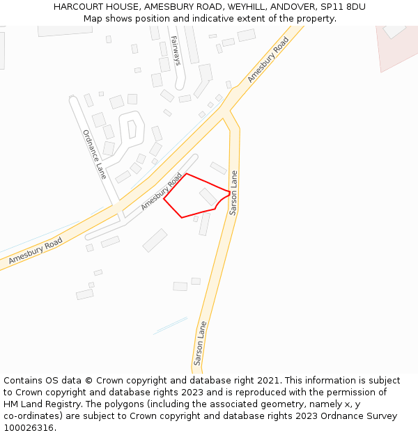 HARCOURT HOUSE, AMESBURY ROAD, WEYHILL, ANDOVER, SP11 8DU: Location map and indicative extent of plot