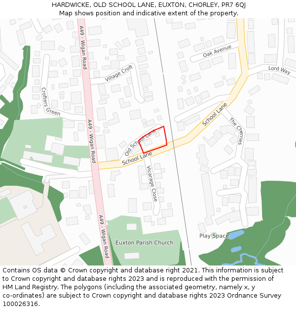 HARDWICKE, OLD SCHOOL LANE, EUXTON, CHORLEY, PR7 6QJ: Location map and indicative extent of plot