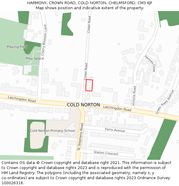 HARMONY, CROWN ROAD, COLD NORTON, CHELMSFORD, CM3 6JF: Location map and indicative extent of plot