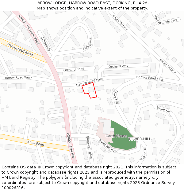 HARROW LODGE, HARROW ROAD EAST, DORKING, RH4 2AU: Location map and indicative extent of plot