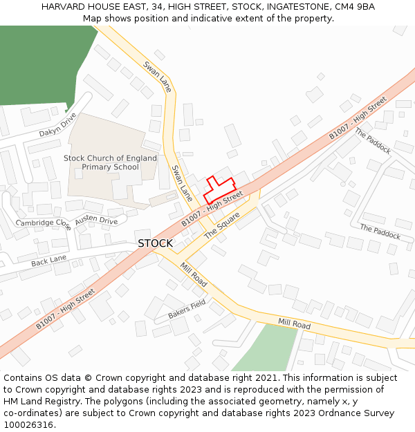 HARVARD HOUSE EAST, 34, HIGH STREET, STOCK, INGATESTONE, CM4 9BA: Location map and indicative extent of plot