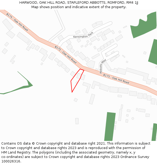 HARWOOD, OAK HILL ROAD, STAPLEFORD ABBOTTS, ROMFORD, RM4 1JJ: Location map and indicative extent of plot