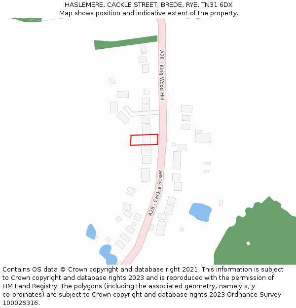 HASLEMERE, CACKLE STREET, BREDE, RYE, TN31 6DX: Location map and indicative extent of plot