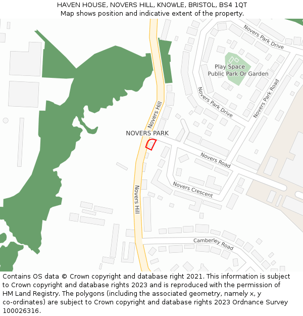 HAVEN HOUSE, NOVERS HILL, KNOWLE, BRISTOL, BS4 1QT: Location map and indicative extent of plot