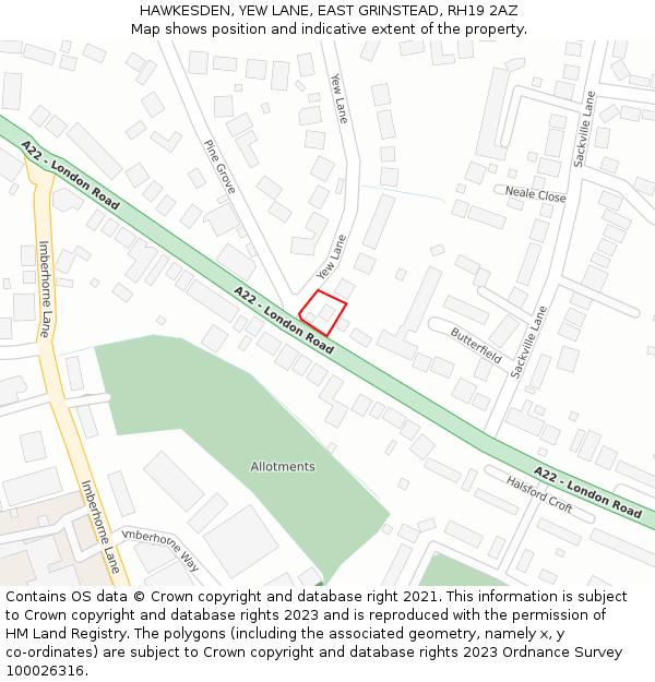 HAWKESDEN, YEW LANE, EAST GRINSTEAD, RH19 2AZ: Location map and indicative extent of plot