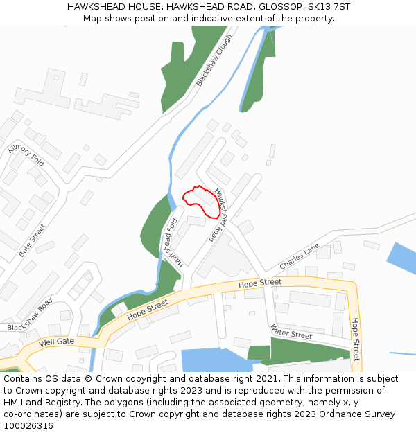 HAWKSHEAD HOUSE, HAWKSHEAD ROAD, GLOSSOP, SK13 7ST: Location map and indicative extent of plot
