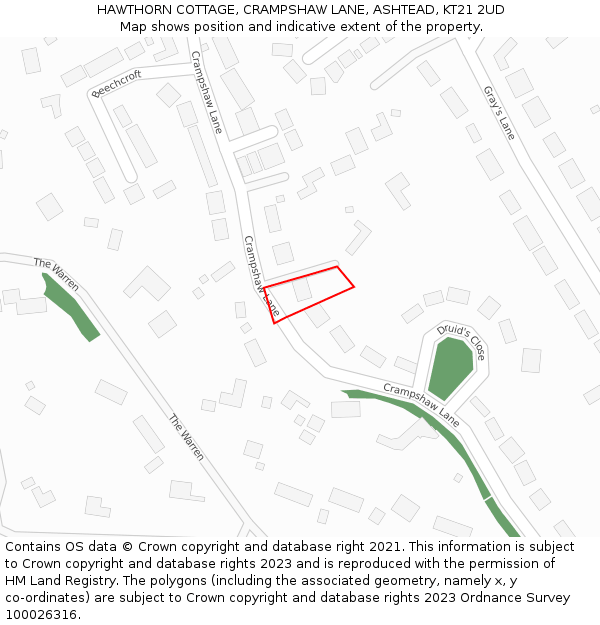 HAWTHORN COTTAGE, CRAMPSHAW LANE, ASHTEAD, KT21 2UD: Location map and indicative extent of plot