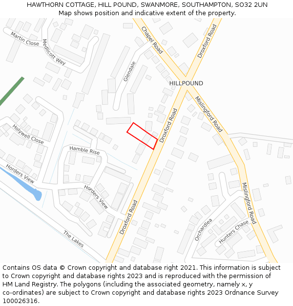 HAWTHORN COTTAGE, HILL POUND, SWANMORE, SOUTHAMPTON, SO32 2UN: Location map and indicative extent of plot