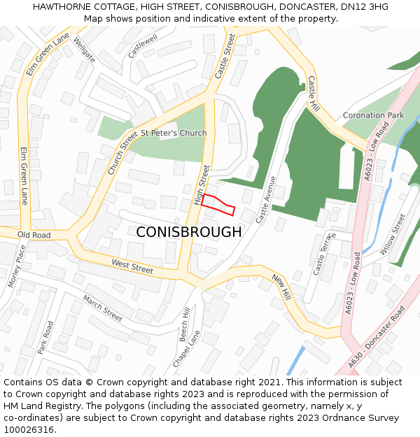 HAWTHORNE COTTAGE, HIGH STREET, CONISBROUGH, DONCASTER, DN12 3HG: Location map and indicative extent of plot