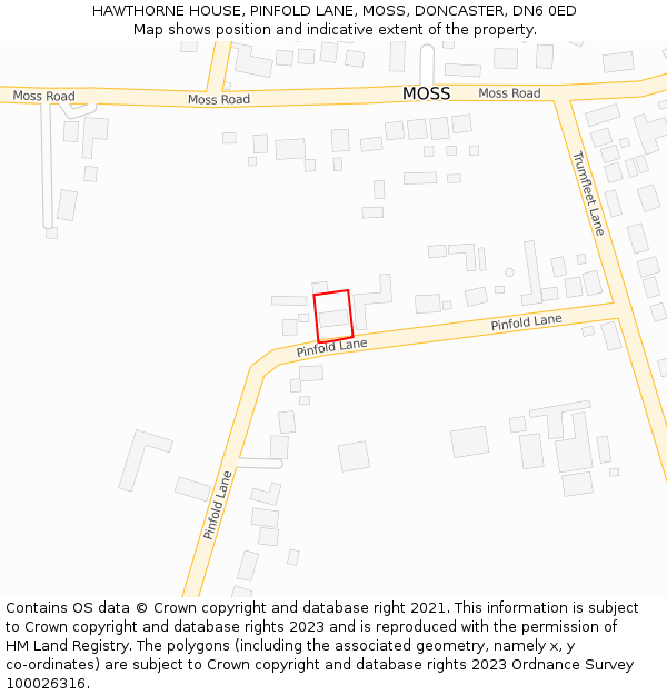 HAWTHORNE HOUSE, PINFOLD LANE, MOSS, DONCASTER, DN6 0ED: Location map and indicative extent of plot