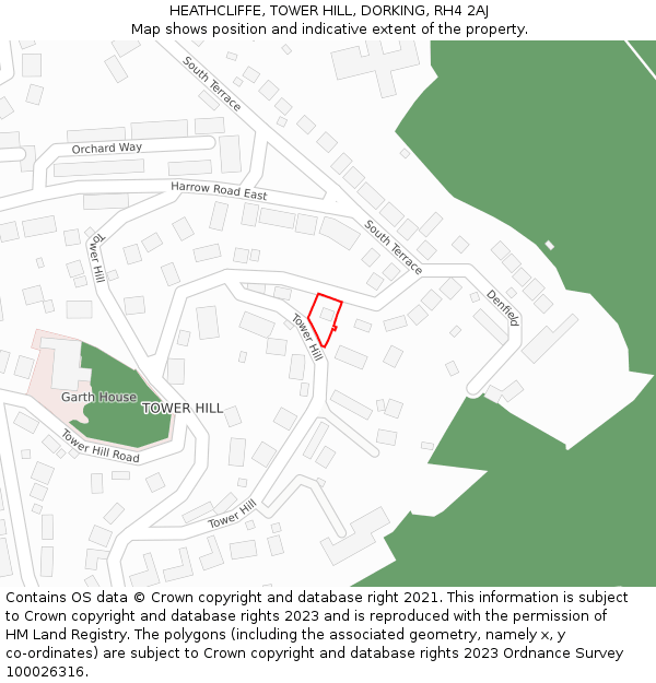 HEATHCLIFFE, TOWER HILL, DORKING, RH4 2AJ: Location map and indicative extent of plot
