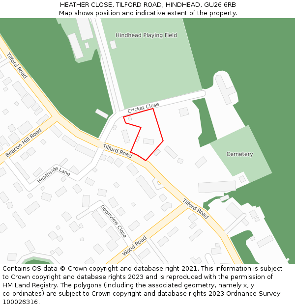 HEATHER CLOSE, TILFORD ROAD, HINDHEAD, GU26 6RB: Location map and indicative extent of plot