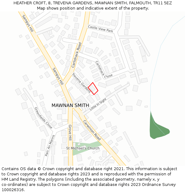 HEATHER CROFT, 8, TREVENA GARDENS, MAWNAN SMITH, FALMOUTH, TR11 5EZ: Location map and indicative extent of plot