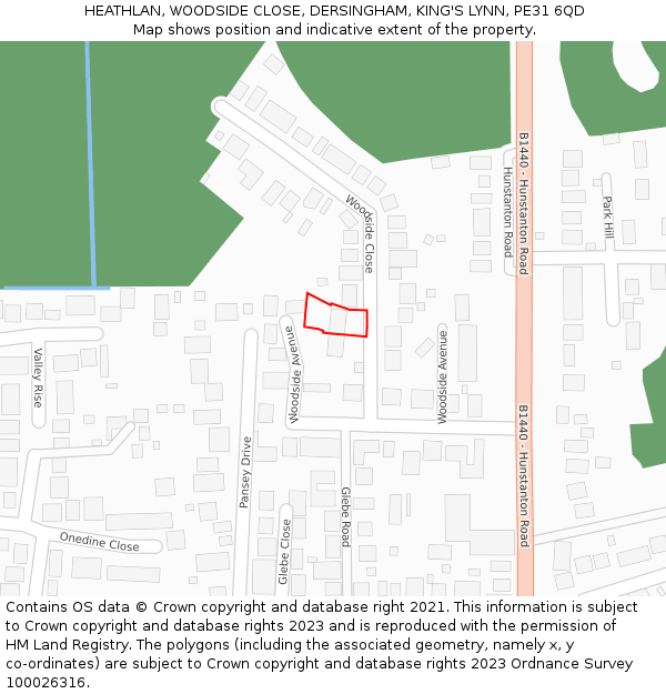 HEATHLAN, WOODSIDE CLOSE, DERSINGHAM, KING'S LYNN, PE31 6QD: Location map and indicative extent of plot