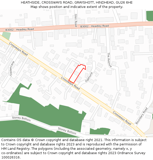 HEATHSIDE, CROSSWAYS ROAD, GRAYSHOTT, HINDHEAD, GU26 6HE: Location map and indicative extent of plot