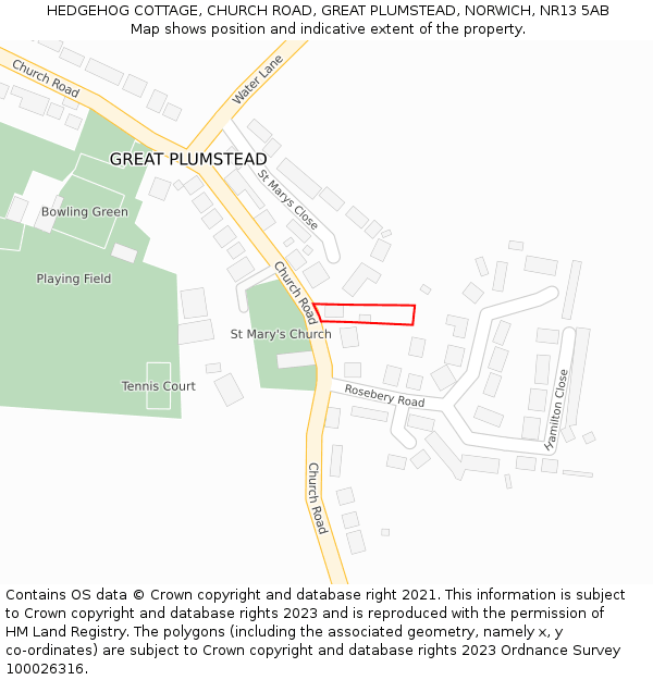 HEDGEHOG COTTAGE, CHURCH ROAD, GREAT PLUMSTEAD, NORWICH, NR13 5AB: Location map and indicative extent of plot