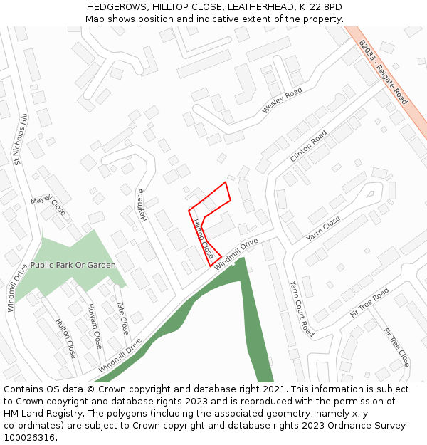 HEDGEROWS, HILLTOP CLOSE, LEATHERHEAD, KT22 8PD: Location map and indicative extent of plot
