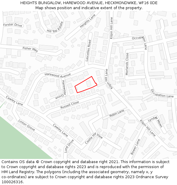 HEIGHTS BUNGALOW, HAREWOOD AVENUE, HECKMONDWIKE, WF16 0DE: Location map and indicative extent of plot