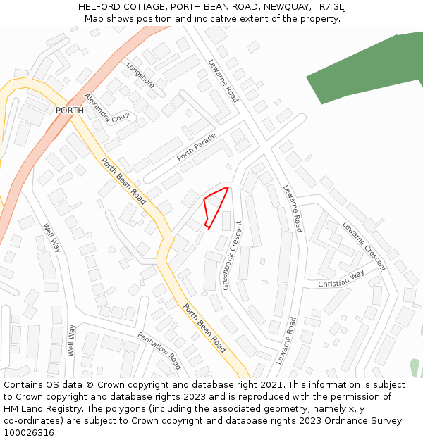 HELFORD COTTAGE, PORTH BEAN ROAD, NEWQUAY, TR7 3LJ: Location map and indicative extent of plot