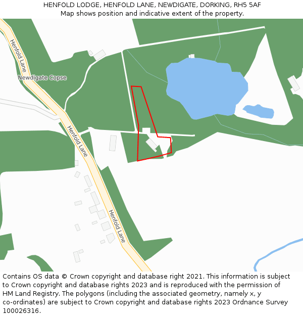 HENFOLD LODGE, HENFOLD LANE, NEWDIGATE, DORKING, RH5 5AF: Location map and indicative extent of plot