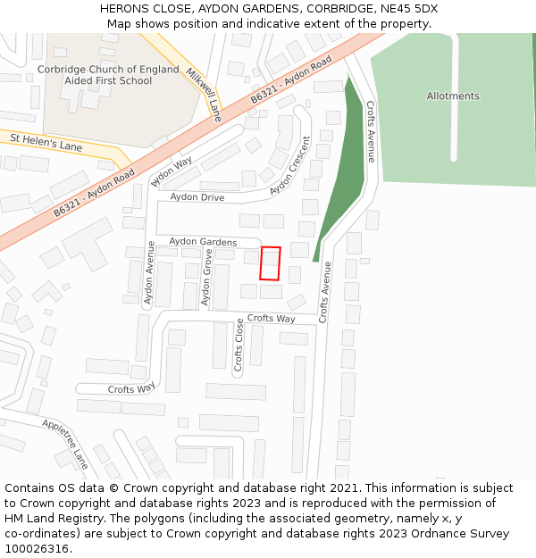 HERONS CLOSE, AYDON GARDENS, CORBRIDGE, NE45 5DX: Location map and indicative extent of plot