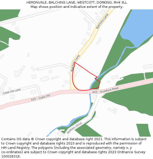 HERONVALE, BALCHINS LANE, WESTCOTT, DORKING, RH4 3LL: Location map and indicative extent of plot