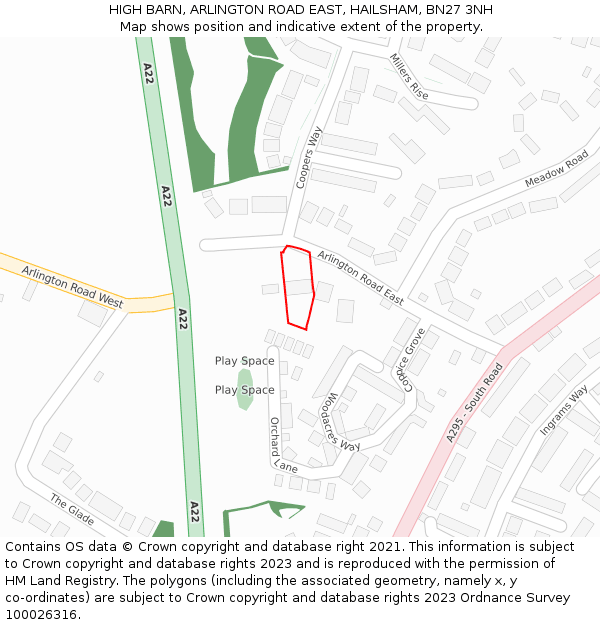 HIGH BARN, ARLINGTON ROAD EAST, HAILSHAM, BN27 3NH: Location map and indicative extent of plot