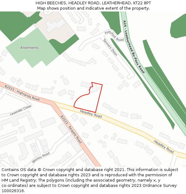 HIGH BEECHES, HEADLEY ROAD, LEATHERHEAD, KT22 8PT: Location map and indicative extent of plot